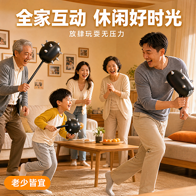 [主图-15] 全家互动休闲场景图，祖孙三代家庭欢乐。
[氛围风格] 温馨家庭风，其乐融融，全家一起玩的幸福感。
[画质] 家庭生活摄影质感、光线温暖柔和、人物表情幸福、画面温馨。
[元素] 客厅家庭场景，爷爷奶奶、爸爸妈妈和小朋友一家人在客厅里拿着充气狼牙锤玩耍，每个人脸上都带着笑容。小朋友举着流星锤款追着爸爸跑，妈妈和奶奶在旁边笑着看，爷爷拿着长柄锤款准备加入。客厅有沙发、茶几、家庭照片墙，温馨居家。**保持充气狼牙锤外观与输入产品图完全一致，杜绝任何变形和色差**。人物动作自然，手持产品姿势合理。画面禁止出现多余的手、畸形手、人物面部扭曲。
[光影] 温暖室内灯光，主光从天花板吊灯洒下，整体色调暖黄柔和，家庭氛围浓厚。
[配色] 主色暖木色+米白+酷黑（产品）+ 活力橙黄（点缀）。沿用主图1色板体系，暖调呈现。
[视角构图] 平视广角，捕捉全家互动的温馨场面，人物分布在画面各处，产品在手中清晰可见，画面饱满有温度。
[文字版式] 顶部中央大标题粗体白字带暖边："全家互动 休闲好时光"，下方小字："放肆玩耍无压力"。左下角橙黄色圆角标签白字："老少皆宜"。文字放在负空间，不遮挡人物面部。
[输出要求] 1:1比例，文字清晰锐利，超高清家庭摄影质感。
[负向提示词] 变形，文字错乱，产品图模糊，背景杂乱，水印，电商平台Logo，多余的手，畸形手，人物面部扭曲。