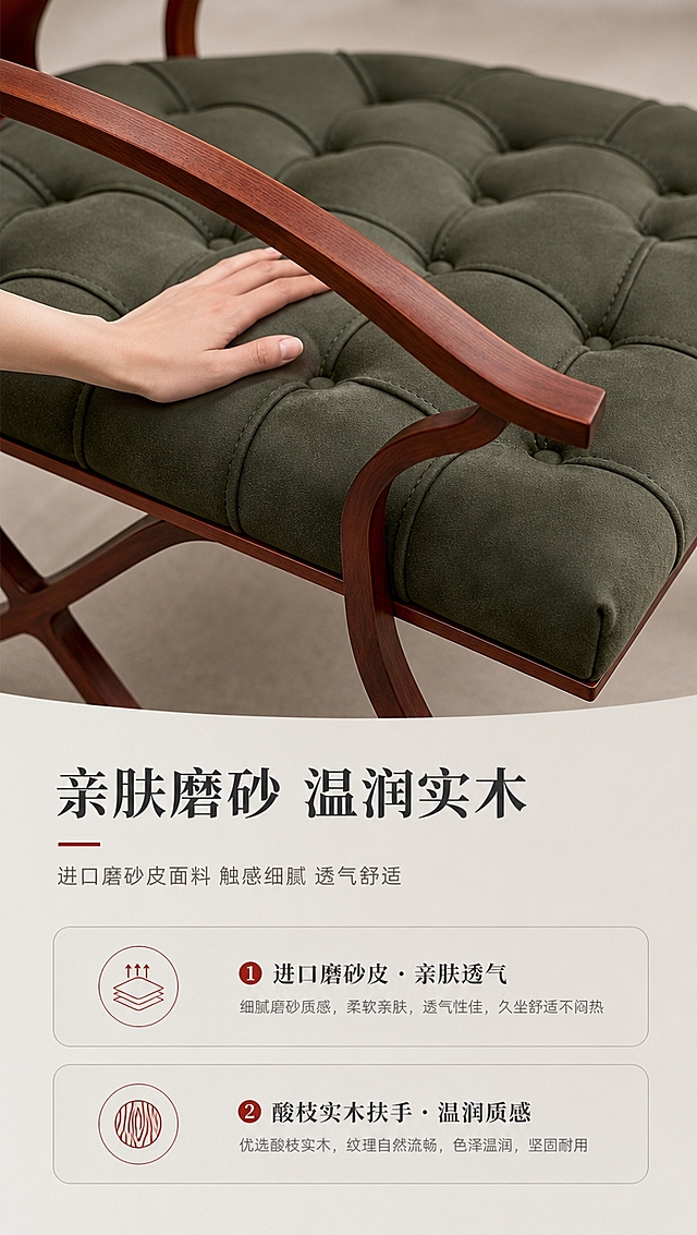[商品] 使用【图1】D8831休闲椅；保留墨绿色磨砂皮拉扣座面、酸枝实木弧形扶手；重点展示面料与扶手材质纹理；保留整体结构比例与颜色。
[画面] 目标：材质工艺证明页，突出进口磨砂皮与酸枝实木质感。构图：上特写下说明，上方约60%为座面与扶手局部特写，占画面约65%，微俯视角度，一只手轻轻抚摸座面皮革，展示磨砂皮细腻纹理与拉扣工艺；下方约40%为文案与信息区。
[视觉] 套系策略：风格=新中式轻奢高级商业摄影，亮色调；标题字=现代宋体粗体；正文字=简洁无衬线体；主色=米白暖灰；背景延展=基于米白暖灰做深浅层级、同色渐变和细腻哑光质感；强调色=朱砂红，仅用于小面积图标、引线、标签；标题色=深炭灰；正文色=中暖灰；组件=细线引线、浅底圆角信息卡；光影=左前侧暖柔光，明亮通透，突出材质肌理。
[文字] 下方文案区：主标题「亲肤磨砂 温润实木」，副标题「进口磨砂皮面料 触感细腻 透气舒适」，配2个卖点：①进口磨砂皮·亲肤透气、②酸枝实木扶手·温润质感；文字全部横向排版，手机端可读。
[规格] 图片比例9:16竖版，4K分辨率，负向提示：避免变形、错字、文字过小、冷蓝背景、产品颜色改变、结构失真、极限词。