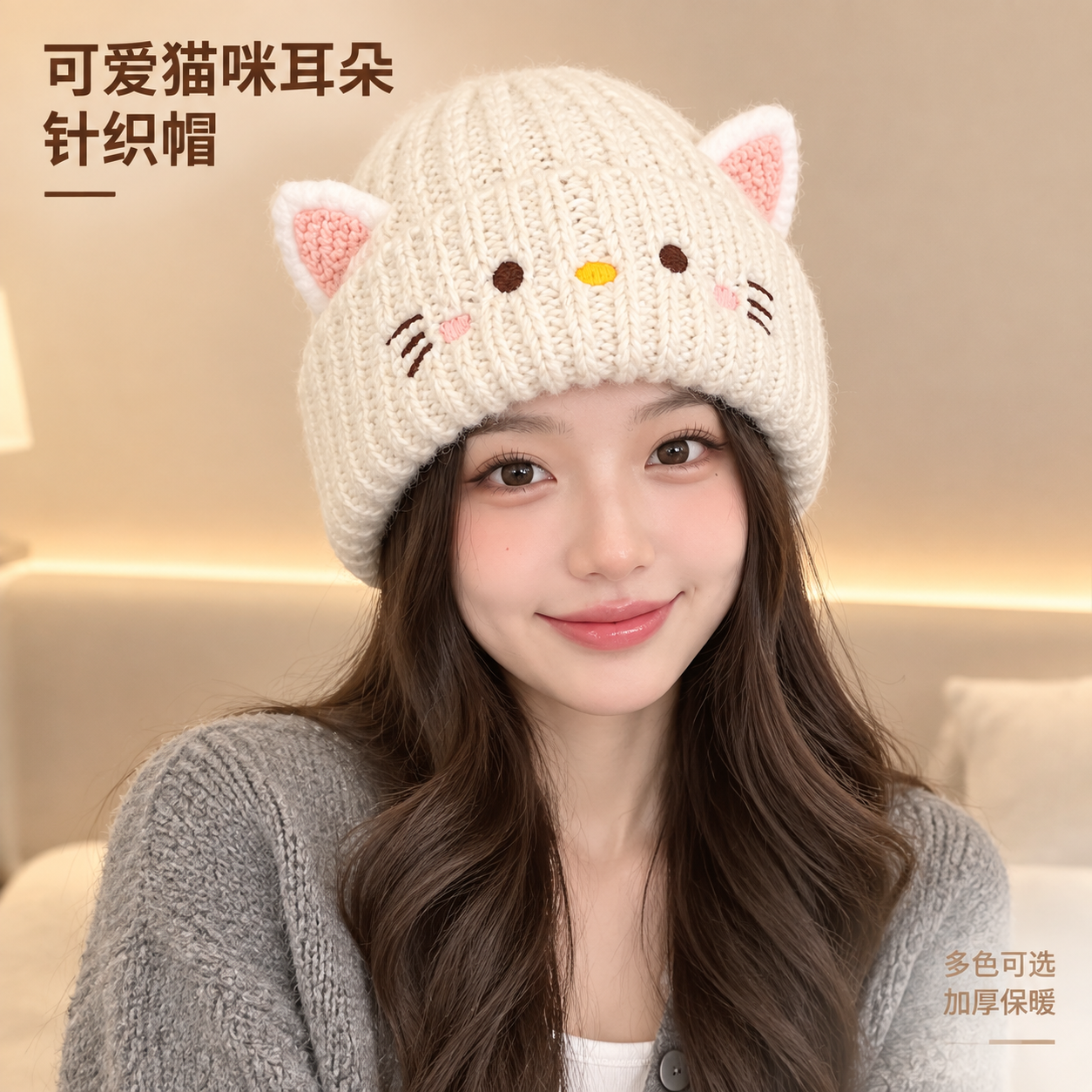 [主图-1] 可爱猫咪耳朵针织毛线帽正面上头展示，突出帽型与整… - 图片创意预览