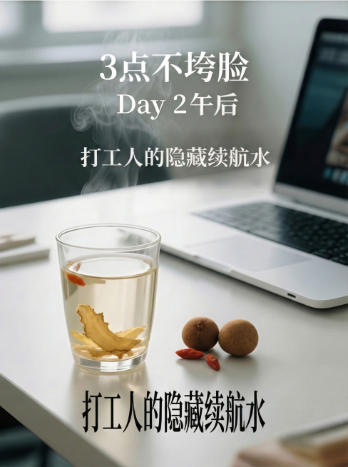 大师级拍摄画质，简约干净的办公桌面，一杯清澈透亮的茶饮置于笔记本旁，水中食材黄精、枸杞、两颗桂圆干清晰，背景虚化，光线明亮柔和，风格清新、宁静、专业。文字：“Day 2 午后”。图片和文字相辅相成，色预览效果
