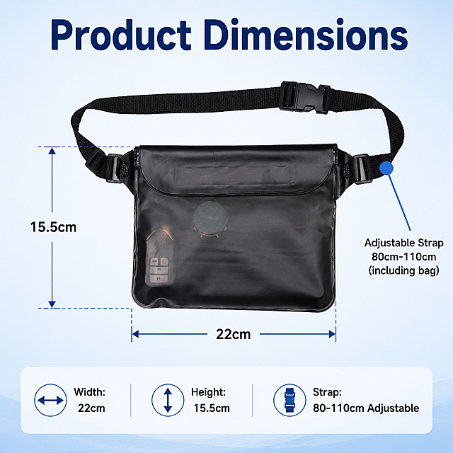 Amazon product size dimension infographic image, 1:1 square format. Light pale blue gradient background, clean and modern. A black triple-seal PVC waterproof waist bag with adjustable black strap, front view, centered in the upper-middle area. The bag is black color with transparent PVC window on front, triple seal top, black waist strap with buckle. Blue dimension lines with arrows: horizontal line below the bag showing width "22cm", vertical line on left side showing height "15.5cm". On the right side, a blue dot points to the strap buckle with text "Adjustable Strap" and below it "80cm-110cm (including bag)". Top of image has bold English title: "Product Dimensions" in dark blue font. Bottom area has 3 small specification labels: "Width: 22cm", "Height: 15.5cm", "Strap: 80-110cm Adjustable". Commercial product infographic style, clean lines, professional. Keep the black bag appearance (physical structure, material texture, color) consistent with input product image, no deformation. No Chinese characters, no trademarks, no logos. 1:1 square format.