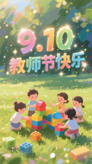 孩子们在 （茂盛的）绿色草地上玩彩色积木，用积木拼成的大型 3D 汉字 “ 9.10 教师节快乐”，字体立起来，色彩鲜艳明亮，有闪烁的光效，温暖晴朗的户外氛围，可爱童真的插画风格预览效果