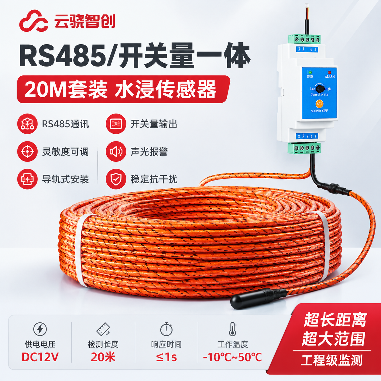 电商主图，产品为RS485/开关量一体水浸传感器20米套装。… - 图片创意预览
