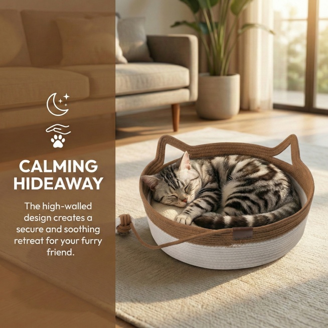 将图中的猫窝替换为图1的棕白配色带猫耳造型、带白色垫子和棕色绳结玩具的猫窝，保持图中猫咪、背景环境和文字不变，猫窝的造型角度与原图一致，颜色与图1的棕白配色严格一致预览效果