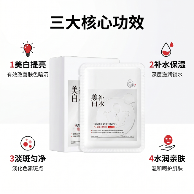 [主图 7] 产品核心卖点全罗列。[氛围风格] 清晰直观，信息明了。[画质] 干净简约商业设计，清晰锐利。[元素] 面膜产品居中放置，保持产品外观与输入一致，四周分点展示核心卖点，每个卖点搭配简约小图预览效果