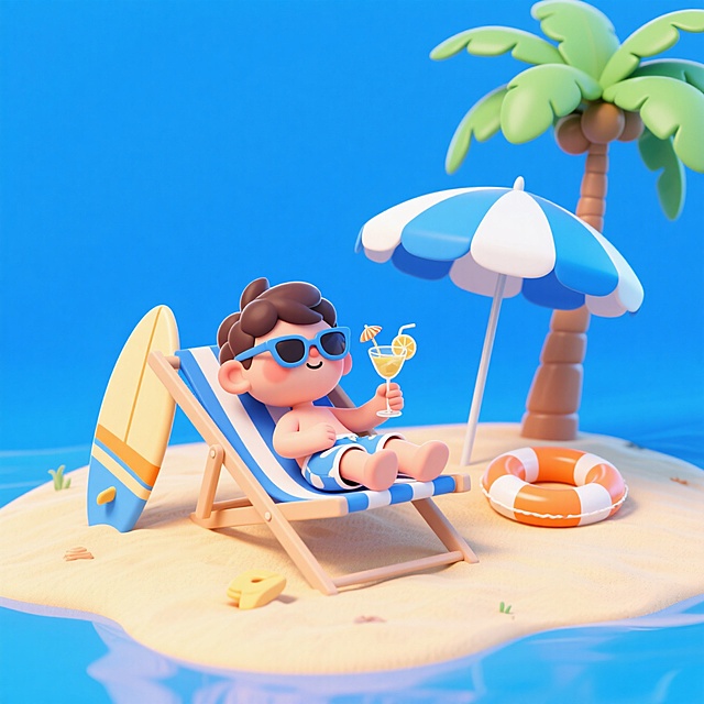 清新软3D风，简约卡通设计，夏日海滩场景，悠闲度假氛围。