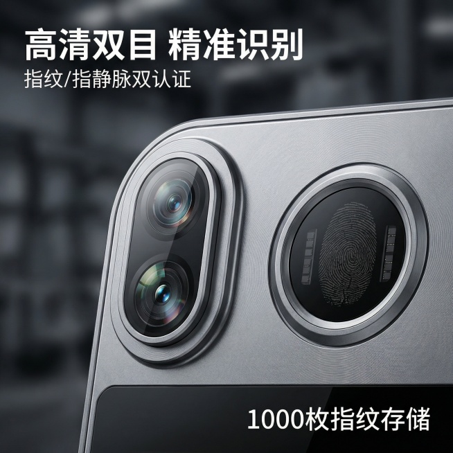 [主图主题] 考勤机核心硬件细节特写
[氛围/风格] 极致质感微距特写，专业工业产品摄影
[画面元素] 特写放大展示产品双摄像头模块和指纹识别模块，高清微距拍摄，清晰展现金属外壳工艺，摄像头玻璃纹理和预览效果