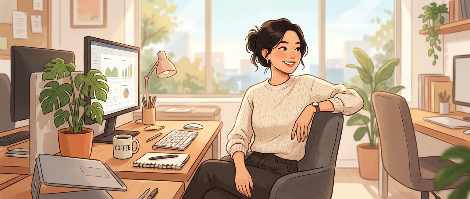 办公室工位场景，一位年轻职场女性坐在电脑前，自然地做着上半身转体动作，面带放松舒适的表情，一只手搭在椅背上，身体微微扭转看向后方，工位上有绿植和水杯，窗外透进柔和的自然光。画面风格清新简约，突出轻松偷预览效果
