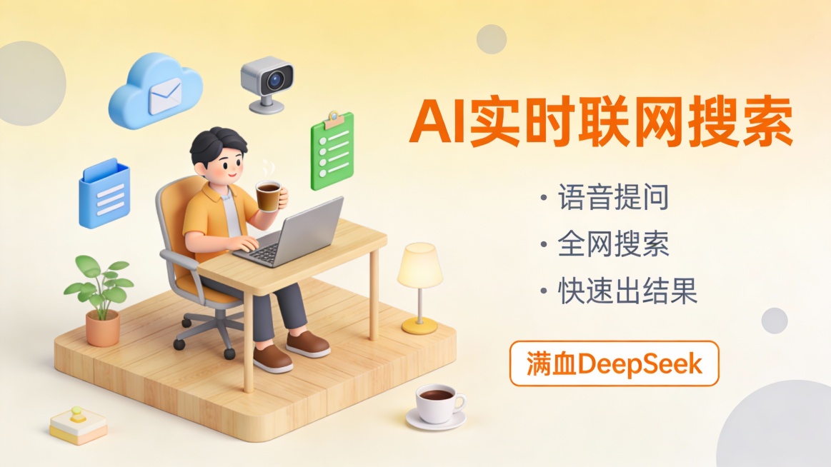 这是一张居家办公风的 2.5D 等距视角 AI 产品宣传图，采用左图右文的温馨版式。左侧主体是一个浅木色立体居家工作台，平台上有一位卡通人物坐在舒适的办公椅上，一边喝咖啡一边操作笔记本电脑，周围环绕着预览效果