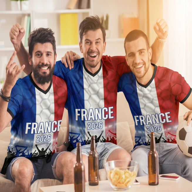 将图1三个人的上衣都替换成图2的蓝白红竖条纹FRANCE 2026蜂窝格足球衣样式，保留所有人的动作姿势、客厅场景、零食啤酒和足球，光影自然，球衣贴合身体褶皱预览效果