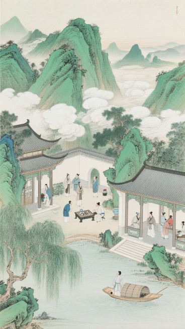 中国传统工笔重彩国画风格，青绿山水与庭院人物场景，远山层叠巍峨，青绿设色典雅厚重，山间云雾缭绕呈团状留白，近处亭台楼阁错落有致，灰瓦白墙，雕梁画栋，庭院内众人或品茶对弈、或漫步赏景，身着古代服饰，姿态预览效果