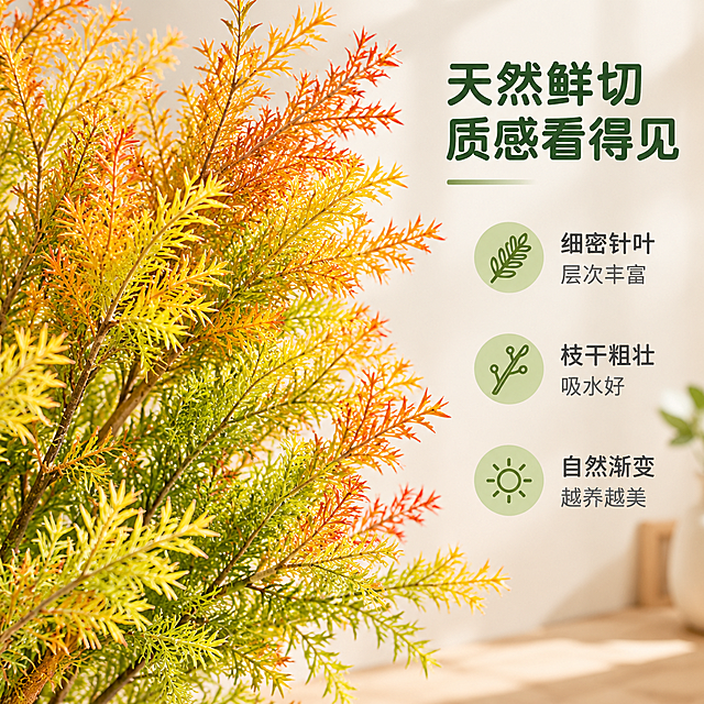 [主图-2] 黄金香柳千层金鲜切枝 材质细节与卖点图
[统一基调] 温馨居家生活感 自然柔和午后光线 原木奶油风家居背景 主色调暖白+原木棕+植物黄绿 标题字色深墨绿 辅助字色暖棕灰 字体为简洁无衬线粗体 字号层级分明 轻量圆角标签组件
[画面] 近距离特写视角 主体为黄金香柳千层金鲜切枝的枝叶细节 展示叶片细密的针状形态 黄绿渐变的天然色彩层次 枝干的自然纹理 画面左侧为枝叶主体特写 占比约60% 右侧留白区域放置三个卖点图标加文字 分别对应叶片质感、枝干状态、色彩表现 背景为浅米色纯色渐变 保持家居感 突出产品细节品质
[光影质感] 商业产品摄影质感 柔和侧光打亮枝叶 叶片边缘有通透光感 细节清晰锐利 色彩饱和度自然 体现植物鲜活质感 阴影柔和不生硬
[配色] 背景浅米色渐变 主体黄绿橙渐变植物色 标题深墨绿色 图标浅绿底 文字深灰
[文字版式] 上方主标题「天然鲜切 质感看得见」 右侧竖向排列三个卖点模块 每个模块含简约线条图标+两行文字 分别为「细密针叶 层次丰富」「枝干粗壮 吸水好」「自然渐变 越养越美」 文字排版整齐 不拥挤
[输出要求] 1:1正方形 枝叶细节清晰 文字清晰可读 无变形 无错字 无水印 无平台Logo