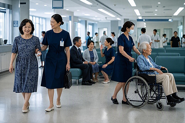 医院大厅陪诊服务场景，融合三位陪诊人员与三位老人的互动画面，整体呈现专业贴心的陪诊服务氛围。
场景：现代化医院大厅等候区，明亮整洁的医疗环境，蓝绿色调为主。
画面布局（多人物融合共现，空间错落有致，无穿模）：
①前景左侧：中国女性陪诊员（藏蓝色护士服，佩戴工牌）搀扶着一位中国老年女性（灰蓝色花纹连衣裙），两人微笑着走向挂号窗口方向，老人神情放松安心；
②中景右侧：中国女性陪诊员（深蓝色制服，佩戴口罩）推着轮椅，轮椅上坐着一位中国白发老年女性（蓝色印花上衣+米色裤子），缓缓经过等候区，老人神态安详；
③后景中央：中国女性陪诊员（藏蓝色V领制服，盘发）正在与一位坐着的中国老年男性（黑色西装）和一位中国老年女性（灰色开衫+蓝花裙）交流，陪诊员抬手耐心讲解，老人们专注倾听，神情信赖。
环境元素：医院等候椅（蓝绿色软垫）、挂号窗口、指示牌、明亮的嵌入式顶灯、玻璃门窗，背景中有其他模糊的就医人群，营造真实医院氛围。
光影：明亮柔和的医院室内顶光，均匀照亮人物面部，光线自然通透，人物受光面泛起冷白色调、暗部映射蓝绿色环境光晕，与环境物理融合。
色调：以医院蓝绿色和白色为主色调，搭配人物服装的深蓝、灰蓝，整体干净专业又温暖。
风格：超写实医疗场景摄影，真实自然，电影级质感。
视角：微侧25°平视，中景全景构图。
所有人物均为中国东亚面孔，黑发/白发，自然五官，表情自然真诚。
消除所有品牌文字和logo。4K分辨率，严格锁定宽高比为 3:2。