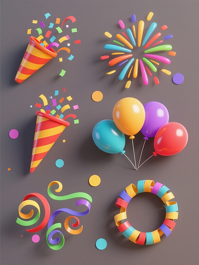 六个3D风格的庆祝元素素材规整排布在纯色背景上，每个元素造型简约现代，包含喷花筒（橙黄与红色斜条纹锥形，内有彩色纸屑和彩带喷出）、五彩气球（圆润饱满，色彩鲜明）、彩色礼花（呈放射状散开的流线型彩带）、烟花（绽放状的多色光效团）、卷曲彩带（多种颜色的飘逸曲线条）、环形彩片（不同色彩的圆形和螺旋形装饰片），所有元素保持统一的3D立体质感，表面光滑有轻微反光，阴影柔和自然，整体画面干净无文字、无logo、无水印，色彩明快活泼，营造出欢乐庆祝的氛围。