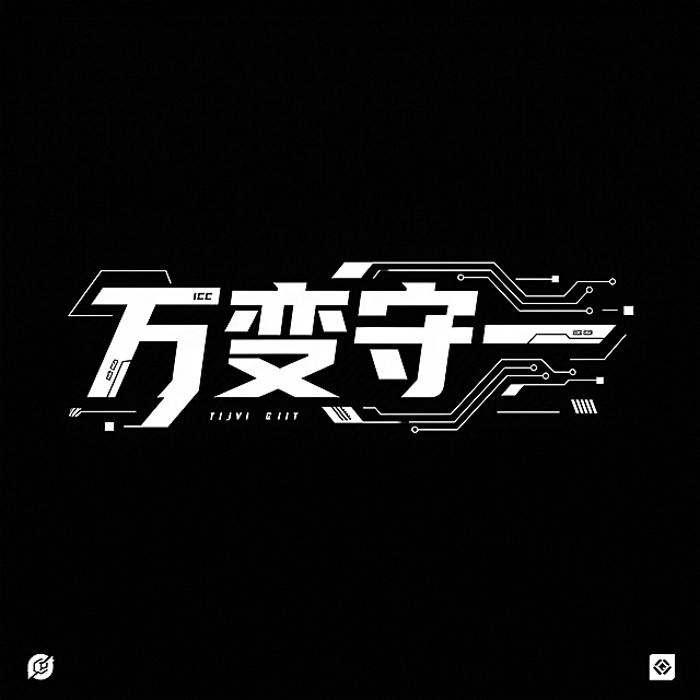 整体风格保持和参考图一致，将文字替换为“万变守一”，做高级排版字体设计，保持赛博朋克机械风的硬朗字体造型、科技感装饰线条，黑色背景，白色字体