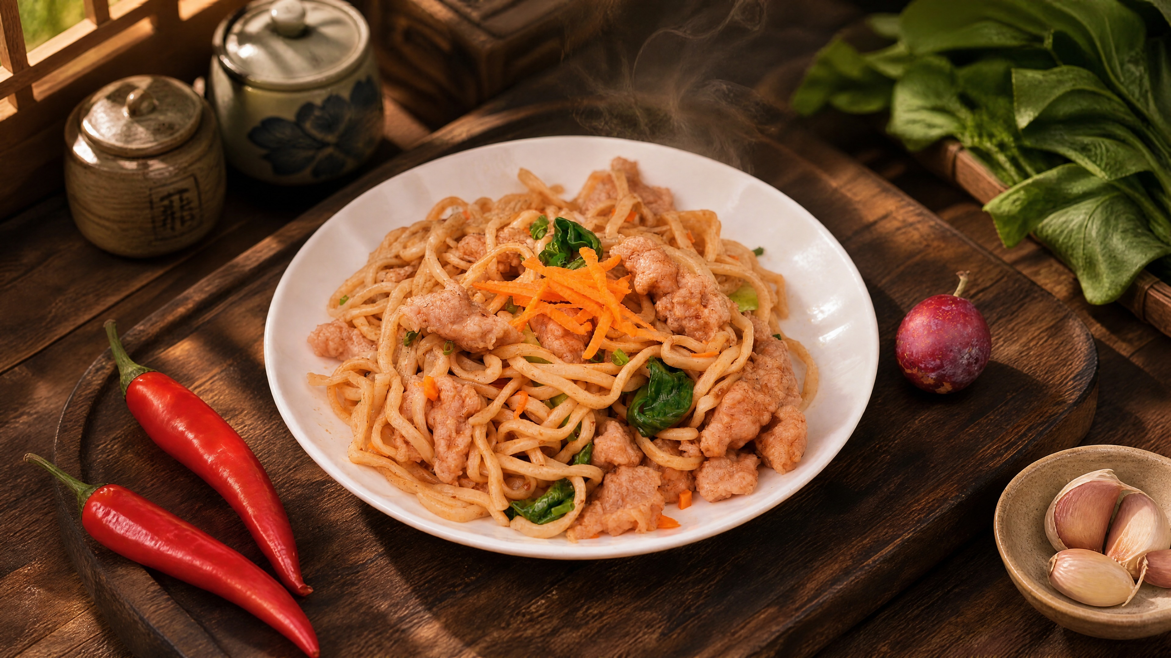 肉片拌面严格参照上传产品图，完整保留白盘、面条、肉片、胡萝卜丝… - 图片创意预览