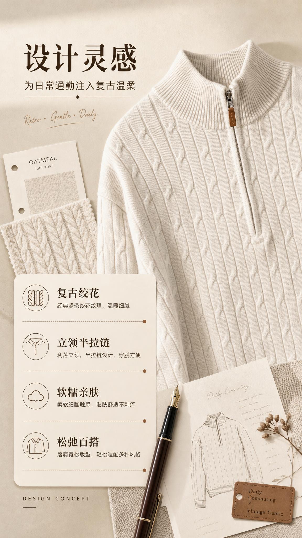 [商品] 使用【图1】米白色半拉链立领绞花针织毛衣；商品处理：… - 图片创意预览