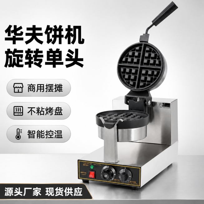 [单张主图] 华夫炉华夫饼机，爆款促销感主图，承担点击转化全链路任务，适配1688平台B端源头属性。
[画面主体] 保持输入图中华夫炉华夫饼机的外观、物理结构、材质质感、颜色与原图完全一致，杜绝任何变预览效果