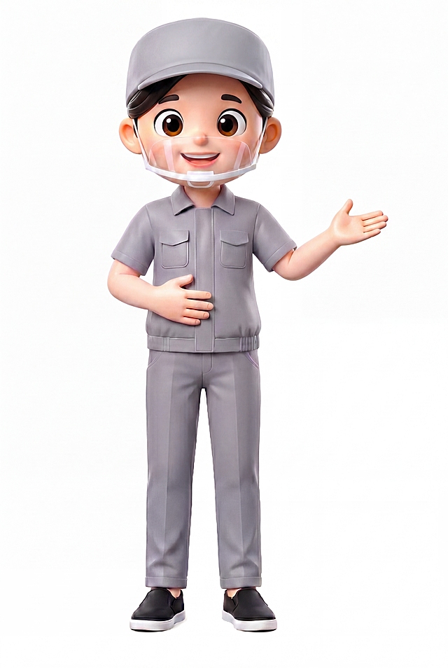 严格参考第二张图男性3D人物，将第一张图中女性3D卡通人物的浅灰色帽子、短袖衬衫、长裤的款式完全修改得和男性一模一样，保持女性人物的脸型、姿势和透明防护面罩不变，纯白色背景，生成4K高清图片