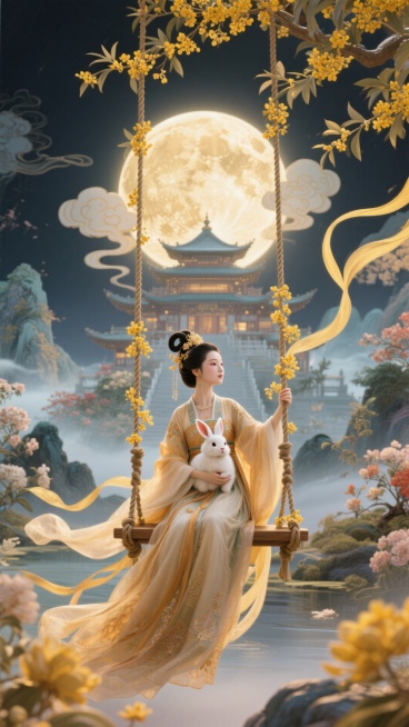 国潮，极繁主义，嫦娥怀抱玉兔坐在秋千上，她的身后是广寒宫，她们居住在一轮巨大圆月上，秋千绳索装饰有桂花，祥云流动环绕整个画面，背景含大量中国风花卉元素和山水，迷幻，意识流预览效果