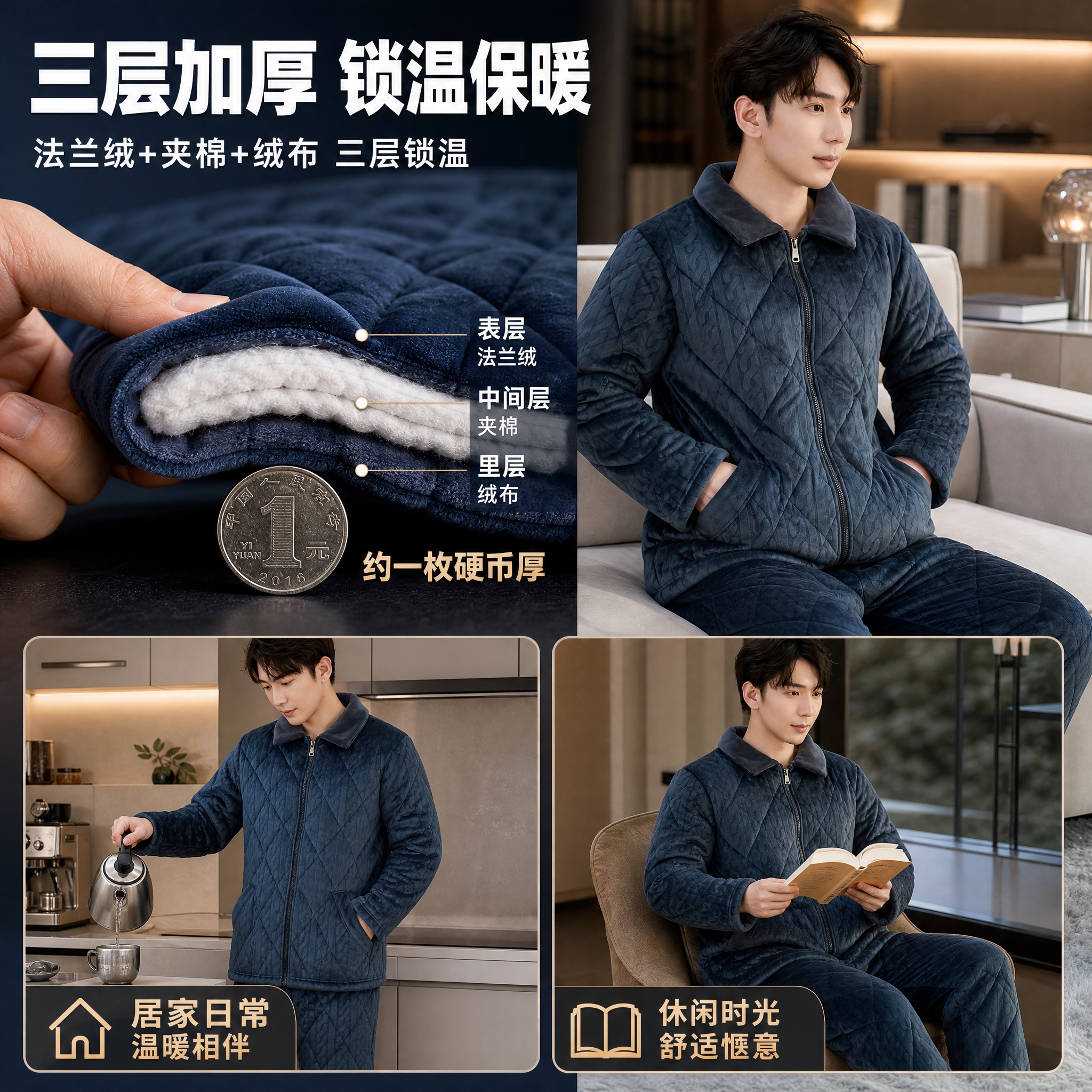 [主图-4] 主题：男士加厚睡衣面料厚度特写+多场景穿搭展示，… - 图片创意预览
