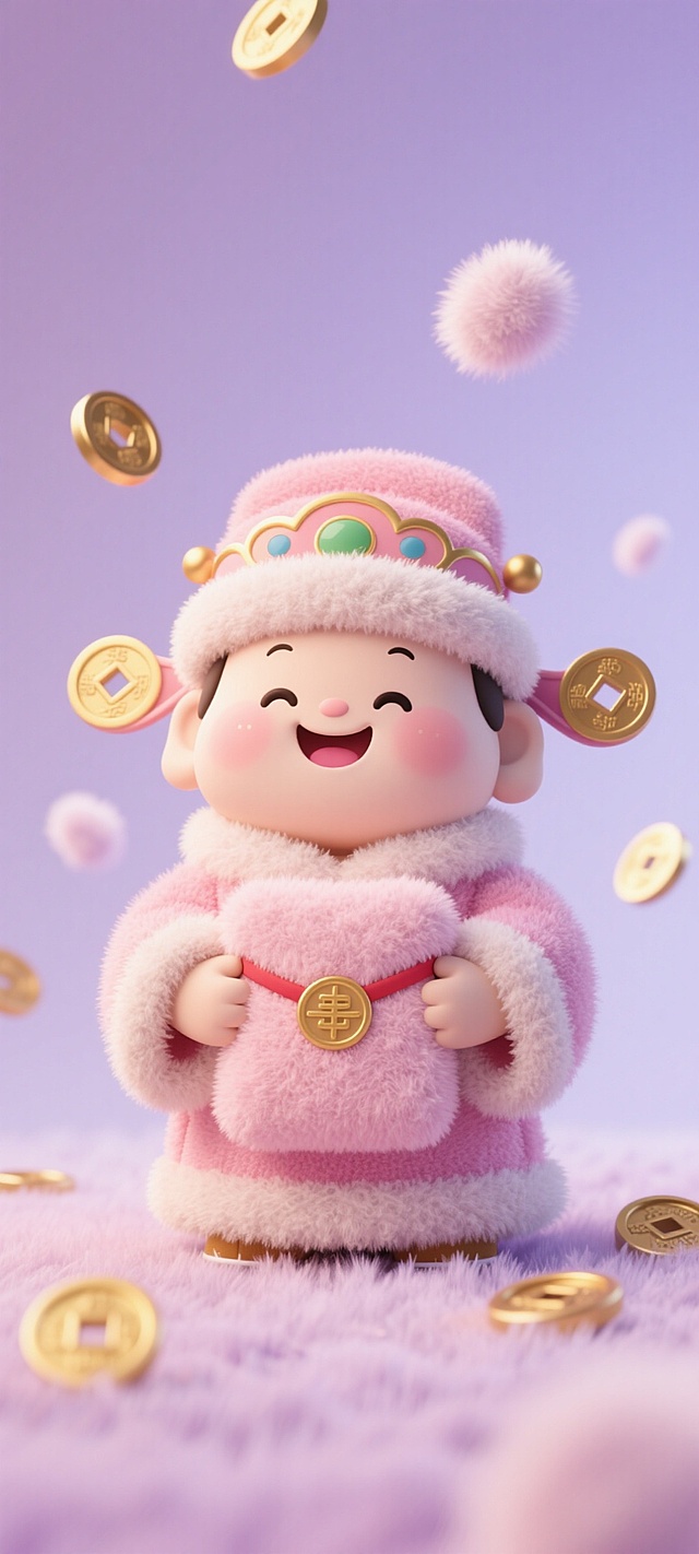 软3D风格的可爱财神，毛绒质感与粉色系搭配，营造温暖喜庆氛围，金币环绕，充满节日欢乐感。