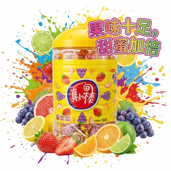 背景改为活泼的彩色泼墨风格，桶装真知棒搭配不同口味的水果切片，添加卖点文案"果味十足，甜蜜加倍"，风格活力高级预览效果
