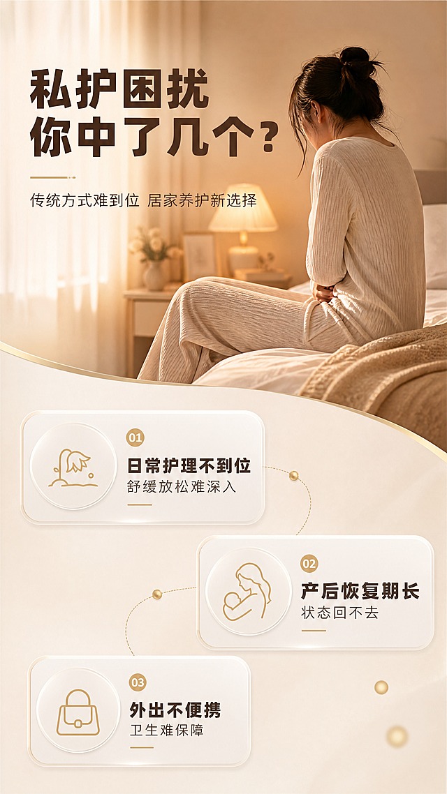 [商品] 本页为痛点场景页，不使用产品实物图；通过场景和人物情绪表达痛点。
[画面] 目标=直击私护困扰，激发需求；构图=竖版9:16，上半部分为暖调卧室场景，一位亚洲女性（仅侧身/背影/局部，不露脸）坐在床边，表情略显疲惫不适；下半部分为3个痛点卡片，左右错落排列；阅读动线从上到下，先场景情绪，后痛点清单。
[视觉] 套系策略：风格=轻奢护理商业摄影风；标题字=现代无衬线粗体（思源黑体Heavy）；正文字=简洁无衬线体（思源黑体Regular）；主色=奶白+香槟金；背景延展=暖米灰渐变背景，同色系深浅层级，细腻磨砂质感；强调色=香槟金，仅用于小面积图标、引线和标签；标题色=深棕咖；正文色=暖灰棕；组件=圆角浅底信息卡、细线引线、金色圆点装饰；光影=左前侧暖柔光，整体柔和温馨。
[文字] 顶部主标题「私护困扰 你中了几个？」（9字），副标题「传统方式难到位 居家养护新选择」；3个痛点卡片：1. 日常护理不到位 舒缓放松难深入 2. 产后恢复期长 状态回不去 3. 外出不便携 卫生难保障；每个痛点配小图标；文字全部横排，字号保证手机端可读。
[规格] 比例9:16竖版，分辨率4K，负向提示：避免低俗擦边、露脸、医疗暗示、错字、文字过小、冷蓝/蓝灰背景、极限词。