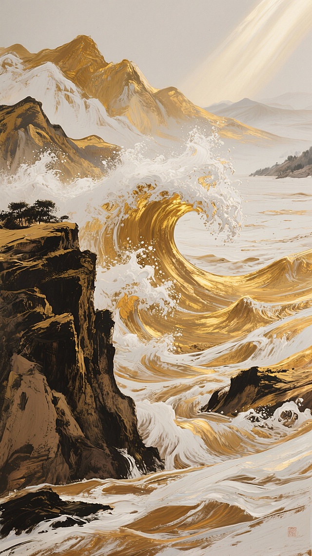鎏金波涛卷起千堆雪，中式山水与厚涂插画交融，光影流转间尽显梦幻开阔之境，虚拟自然在油画质感中奔涌。