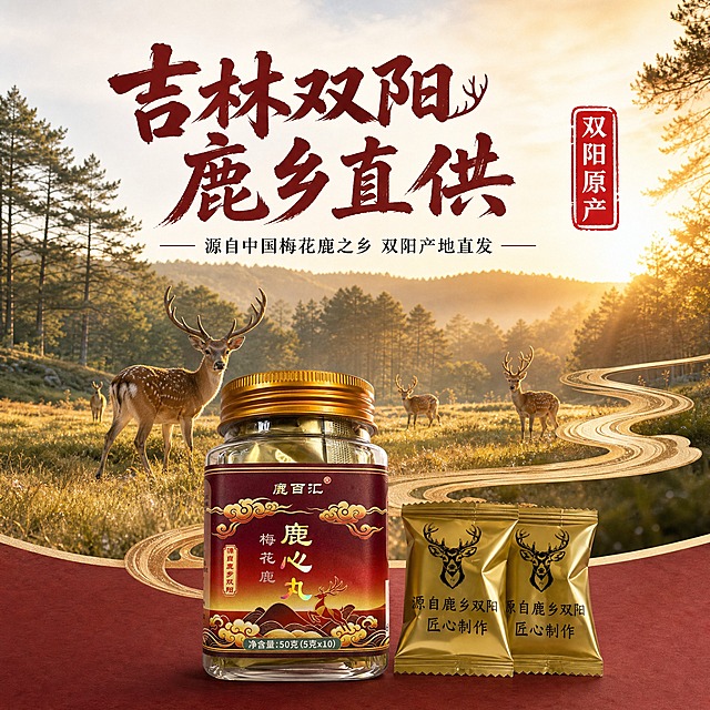 [主图-2] 产地溯源主题，突出“来自吉林双阳”的产地信任，是本张唯一重点。
[统一基调] 国风品质感，暖金红棕主色调，深酒红+鎏金+米白辅助色，主标题用厚重国潮书法体，辅助文案用细黑体，整体专业靠谱、干净高级，符合淘宝天猫食品类主图调性。
[画面] 画面采用上下分层构图。上半部分为吉林双阳鹿乡自然场景：开阔的山林草地，几只梅花鹿在远处悠闲漫步，清晨薄雾，阳光穿透树林洒下金色光束，真实自然摄影质感。下半部分前景放置鹿百汇鹿心丸玻璃瓶，瓶身正面朝向观众，标签清晰，旁边摆放2颗金色独立小包装。一条蜿蜒的金色国风云纹线条从产地场景延伸到产品，象征产地直达。主体产品占画面约40%，产地场景占50%。
[光影质感] 自然晨光质感，暖金色调，鹿乡场景有真实光影层次，产品部分保持商业摄影级清晰，玻璃与金属盖反光自然，底部有柔和阴影。
[配色] 背景以自然绿金+暖米色为主，产品区保持酒红金配色，文字用深酒红与金色。
[文字版式] 画面上方主标题大字“吉林双阳 鹿乡直供”，下方小字“源自中国梅花鹿之乡 双阳产地直发”，右侧配一枚红色印章样式“双阳原产”。文字放在天空或草地负空间，不遮挡梅花鹿与产品主体。
[输出要求] 1:1正方形，2048x2048，文字清晰，产地场景真实自然，产品质感真实。负向：变形、错字、模糊、杂乱、水印、平台Logo、功效宣传、中药材字样、医疗暗示、夸张虚假产地场景。
