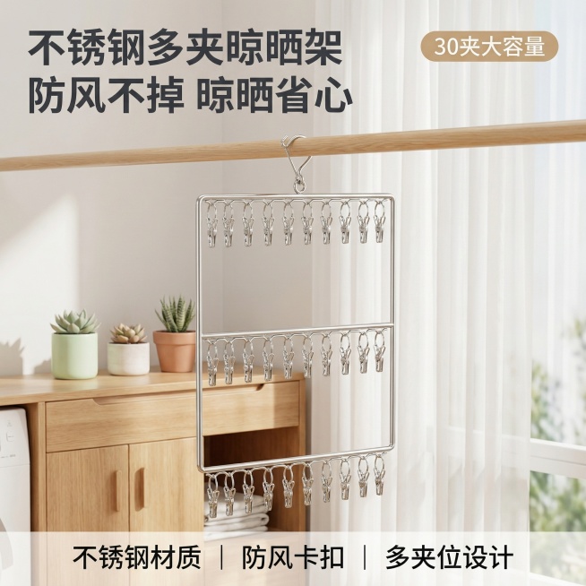 主图主题：不锈钢袜子夹日系阳台场景首图；氛围/风格：简约日系风，明亮自然光，清新整洁；画面元素：不锈钢袜子夹居中，悬挂在阳光充足的日式阳台晾衣杆上，背景是原木色洗衣柜、白色窗纱、浅绿多肉盆栽点缀，柔和预览效果