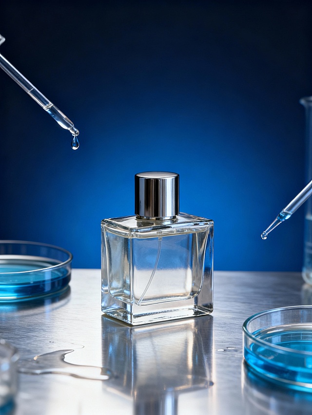 商业产品摄影，商品背景里搭配悬空的玻璃滴管（滴管尖端挂着液滴）、玻璃培养皿（盛有蓝色液体），置于深蓝色渐变背景。**冷调科研风布光**，金属质感台面反射液体光泽，整体呈现实验室精密感。8K，超写实，细节锐利，科技感氛围。