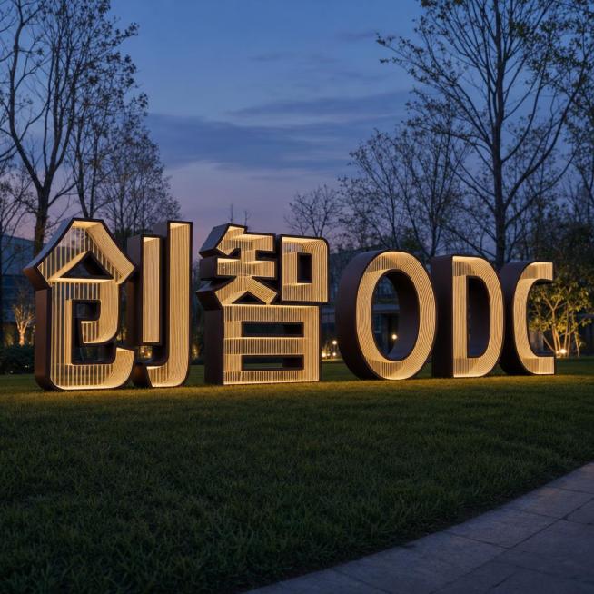 将图一中的“创智ODC”文字做成图二中的立体镂空深渊发光字效果，两个方向灯光不交叉，放置在绿化草坪上，傍晚户外场景，大尺寸落地立体字，内部纵向发光条纹，深棕色边框，和参考图结构一致，灯光不交叉预览效果
