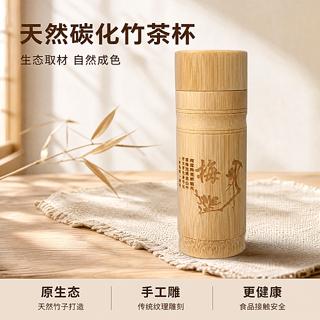 [主图-1]碳化竹茶杯天然生活场景首图
保持碳化竹茶杯产品外观、物理结构、材质质感、颜色与输入产品图绝对一致，杜绝任何变形和色差，精细化处理。将茶杯放置在整洁实木茶桌面上，搭配一小片干燥竹枝和浅色麻布餐垫作为点缀，商品主体占比严格控制在65%左右，画面满屏无边框。商业摄影质感，光线柔和通透，产品清晰真实，画面干净高级，自然原木风氛围。
光影：柔和窗边自然光从左侧射入，在竹杯表面形成自然竹纹光影，桌面有柔和投影，整体通透干净，高光不溢、暗部有层次。
配色：主色调原木浅黄+浅木色桌面，辅助色浅亚麻，整体自然清新。
视角构图：平视拍摄，产品居中，浅景深突出主体，轮廓完整不裁切。
文字版式：左上负空间左对齐留安全边距，大字主文案"天然碳化竹茶杯"，深棕色最大号粗体无衬线；辅助小字"生态取材 自然成色"，约一半字号，同色系。底部均匀分布三列卖点，每列上大字下小字：第一列「原生态」「天然竹子打造」第二列「手工雕」「传统纹理雕刻」第三列「更健康」「食品接触安全」，深棕色文字与浅底强对比，清晰可读，不遮挡产品。
比例分辨率：1:1比例，4k分辨率，文字清晰锐利，画面超高清。
负向提示词：变形，水印，文字错乱，产品图模糊，背景杂乱，文字遮挡主体