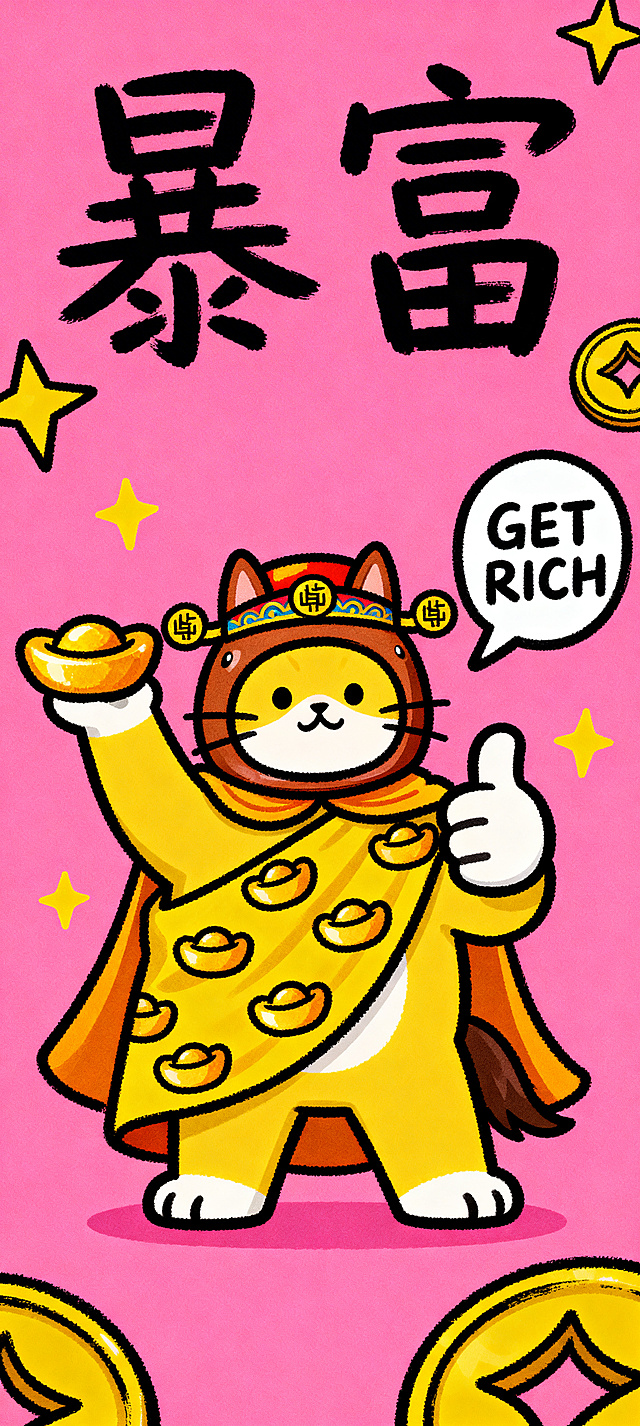卡通潮酷手绘风格，Q 版小猫戴着小马头套形象，整体为黄色主体，头戴中式官帽（帽檐刻铜钱纹样），身披印满金元宝图案的黄色披风，一只蹄子高举金元宝，另一只蹄子比出 “点赞” 手势；形象旁带对话框，框内写 “GET RICH”；背景为纯粉色，画面顶部用轻松手写艺术字写 “暴富” 二字；画面角落点缀黄色星星、黄色铜钱装饰元素；整体线条粗犷有手绘质感，粉色 + 黄色双色撞色对比强烈，充满新年喜庆感和网络流行梗味，突出 Money God（财神）的招财属性。
