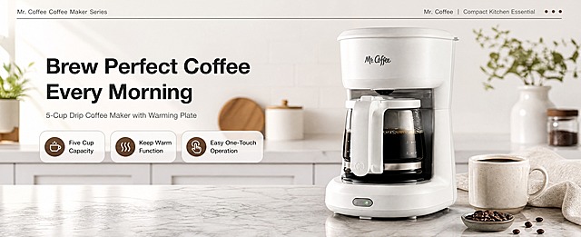 [商品] 使用【图1】Mr. Coffee白色5杯滴滤式咖啡机；保留产品整体结构、白色机身、透明玻璃壶带刻度、Mr. Coffee手写体Logo、底部绿色指示灯按钮、可拆卸滤网结构；真实功能方向为滴漏式萃取咖啡，玻璃壶置于加热盘上承接咖啡液。
[画面] 页面目标：首屏完整产品展示，突出品牌与核心价值。版式：精细信息条型，顶部细线信息条标"Mr. Coffee Coffee Maker Series"，主标题居左上分层排版，右侧产品大图，产品占画面约55%，正面微侧角度展示全貌；背景为现代简约美式厨房台面，浅灰色大理石台面+白色橱柜背景，柔和自然光从左侧照射；前景有咖啡杯、咖啡豆小道具点缀，营造真实厨房氛围。
[视觉] 套系策略：风格=亚马逊极简高级商业摄影；标题字=现代无衬线粗体（Helvetica Neue Bold）；正文字=简洁无衬线体（Helvetica Neue Regular）；主色=纯净白+浅灰；背景延展=基于白色和浅暖灰做深浅层级、同色渐变和细腻哑光质感；强调色=深咖啡棕，仅用于小面积图标、引线和标签；标题色=深炭灰；正文色=中暖灰；组件=圆角浅底信息卡、细线引线、圆点装饰；光影=左前侧暖柔光，产品底部自然投影。
[文字] 左上区域：主标题"Brew Perfect Coffee Every Morning"，副标题"5-Cup Drip Coffee Maker with Warming Plate"，下方3个短卖点胶囊："Five Cup Capacity"、"Keep Warm Function"、"Easy One-Touch Operation"；顶部信息条小字"Mr. Coffee | Compact Kitchen Essential"；所有文字横向排版，不遮挡产品主体和Logo。
[规格] 图片比例61:25横版，4K，负向提示：避免变形、错字、文字过小、产品颜色改变、结构失真、亚洲面孔、冷蓝背景、纯白底孤立产品。