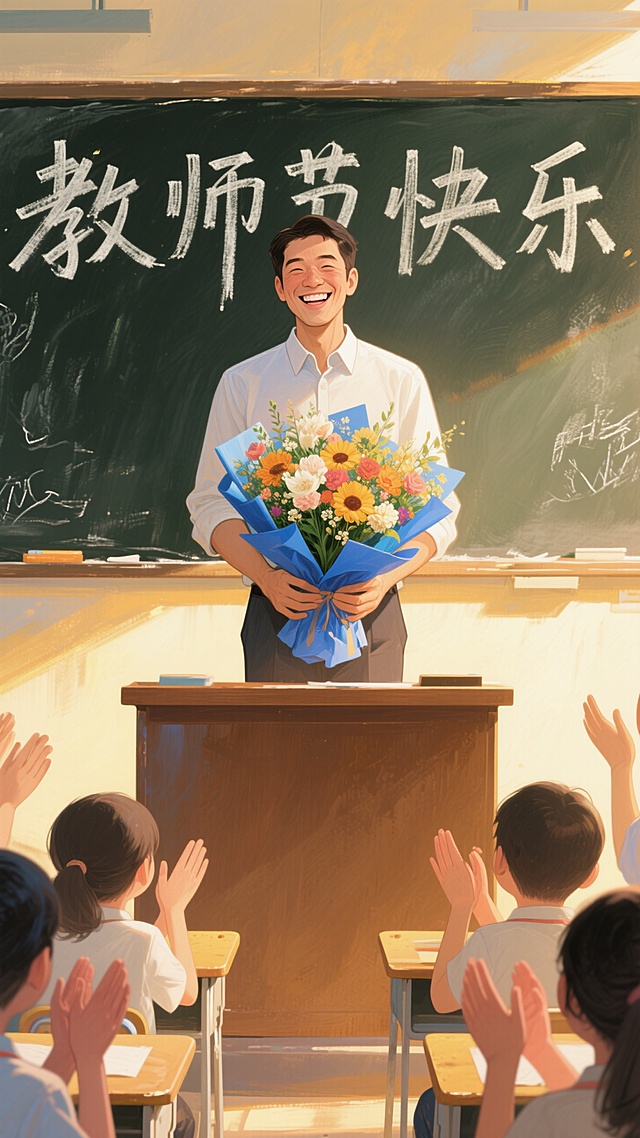 教室里，黑板上写着 “教师节快乐” ，一位笑容灿烂的男教师捧着蓝色包装的一束花站在讲台上面对学生，学生鼓掌，暖黄色光影，正视，画面重心居下