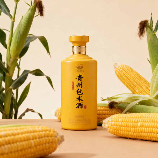 简约大气产品展示图，主体是一瓶贵州包谷酒，酒瓶设计简约大气，周围搭配成熟的玉米包谷作物元素，暖黄色浅棕色暖色调，干净留白，突出包谷酒产品，第一眼就能识别出产品，极简风格预览效果