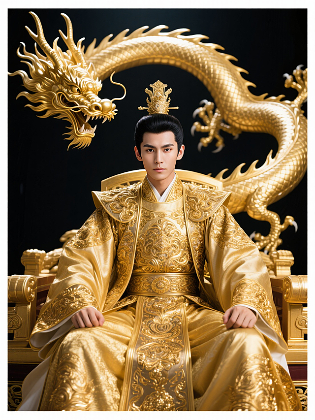 帅哥，男性，身穿极其华丽的皇帝神装，身上散发着金光，衣服、装饰都十分华丽丰富，超高清画质分辨率，端坐在龙椅之上，一头金色龙低头低吼，缠绕在龙椅之上，显得格外生动逼真，霸气一些，图片呈正方形