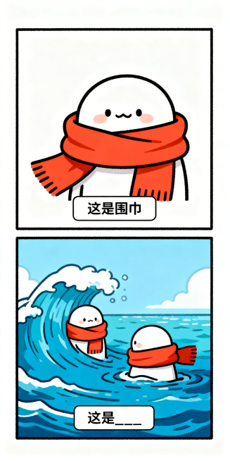 日系搞笑纵向双格漫画，上半格：Q版可爱的围巾，极简背景，底部白色矩形框黑字写“这是围巾”；下半格：围巾、大海强行组合在一起，呈现荒谬互动，底部白色矩形框黑字写“这是____”，线条清晰色彩鲜明，无其他预览效果