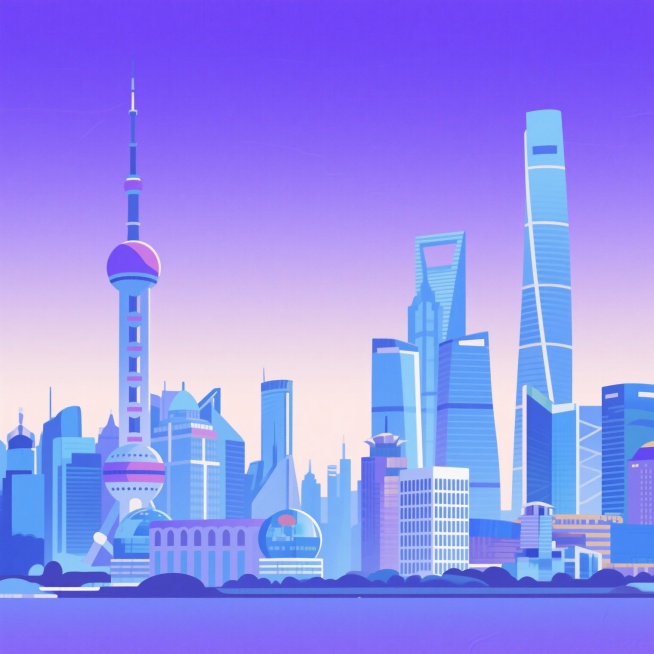 上海城市天际线的扁平化矢量插画，以蓝色和紫色渐变为主色调，包含东方明珠塔、上海中心大厦、环球金融中心等标志性建筑，整体风格简洁现代，线条流畅，色彩明快，无阴影设计，建筑排列紧密有序，展现上海作为国际大都市的繁华与现代感，画面干净整洁，适合用于城市宣传或旅游相关的设计素材。预览效果