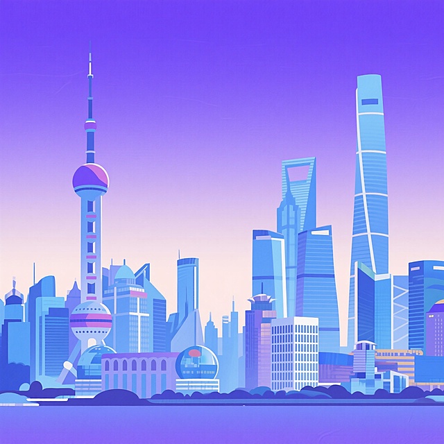 上海城市天际线的扁平化矢量插画，以蓝色和紫色渐变为主色调，包含东方明珠塔、上海中心大厦、环球金融中心等标志性建筑，整体风格简洁现代，线条流畅，色彩明快，无阴影设计，建筑排列紧密有序，展现上海作为国际大都市的繁华与现代感，画面干净整洁，适合用于城市宣传或旅游相关的设计素材。