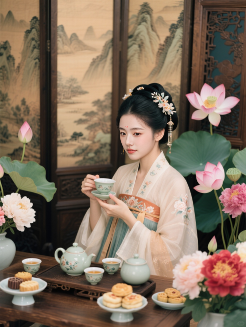 人物身着汉服，妆容精致，头上佩戴着古典的发饰，尽显温婉典雅。她手持茶杯，周围摆放着一套精美的茶具，包括茶壶和几个小茶杯，还有一些点心，营造出一种闲适的品茶氛围。背景是带有山水图案的屏风，增添了古典韵味预览效果