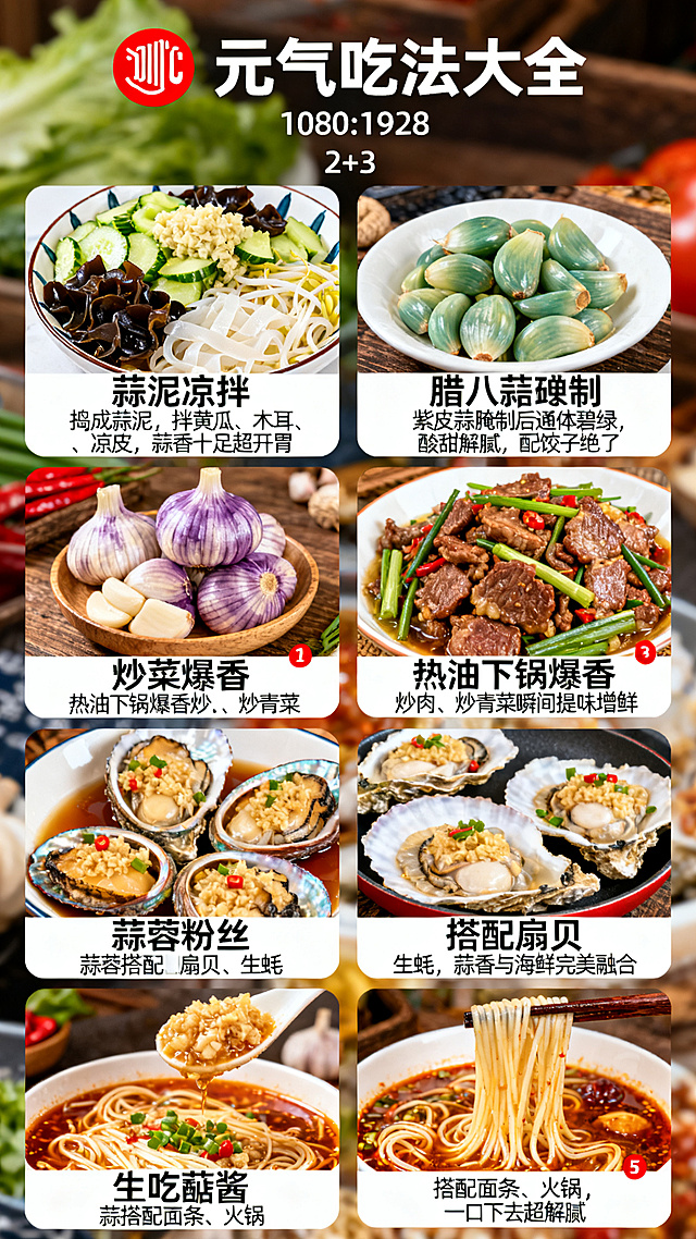 河南杞县紫皮大蒜元气吃法大全详情页，顶部标题🍳 元气吃法大全，下方五个吃法卡片2+3排列，每个吃法配菜品实拍图加简短说明：
1.蒜泥凉拌：捣成蒜泥，拌黄瓜、木耳、凉皮，蒜香十足超开胃
2.腊八蒜腌制：紫皮蒜腌制后通体碧绿，酸甜解腻，配饺子绝了
3.炒菜爆香：热油下锅爆香，炒肉、炒青菜瞬间提味增鲜
4.蒜蓉粉丝：搭配扇贝、生蚝，蒜香与海鲜完美融合
5.生吃蘸酱：搭配面条、火锅，一口下去超解腻
每个卡片图文对应，排版整齐，整体风格诱人有食欲，电商详情页竖版1080:1920，色彩丰富，美食摄影质感，2k分辨率，文字清晰可辨，超高清，负向提示词：变形，水印，文字错乱，图片错位，产品图模糊，背景杂乱