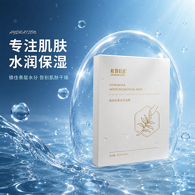 [主图-3] 植物伯爵保湿面膜核心保湿卖点图，水润锁水视觉化。
[氛围风格] 清透水润科技风，蓝色水感氛围，高级保湿概念。
[画质] 超高清商业摄影质感，光线通透，画面干净，水体质感真实。
[元素] 画面中央偏右位置摆放植物伯爵保湿面膜白色包装盒，正面朝向略向左转；产品被一层透明的水膜护盾包裹，护盾呈淡蓝色半透明弧形，像一层水润保护层；背景是深蓝色到浅蓝色的渐变水感背景，有流动的水波纹和上升的小气泡；左下角有几缕清澈水流缓缓流动，水面有波光折射；空气中漂浮大量晶莹剔透的水珠，大小不一，部分水珠附着在面膜盒表面，体现锁水保湿概念。保持面膜包装盒外观（白色盒身烫金文字与植物图案）与输入产品图绝对一致，杜绝任何变形和色差。商品主体占比约60%。
[光影] 右上方主光打亮产品与水膜，水膜有明显高光折射，水珠晶莹透亮；整体冷调蓝光，通透水润，高光清晰，暗部有蓝色反光。
[配色] 主色白色+金色（产品），辅色深浅蓝色渐变、透明水色、白色高光。
[视角构图] 平视略仰视角，产品偏右，左侧留大面积负空间放文字；景深中等，背景水波纹虚化柔和。
[文字版式] 画面左侧上半部分，大标题"专注肌肤水润保湿"，白色粗体大号无衬线字体，字重饱满；下方小字辅文"锁住表层水分 告别肌肤干燥"，浅蓝色中号字体，字号约为大标题的50%；两行文字左对齐，放在左侧负空间，不遮挡产品。大标题旁有极小英文装饰词"HYDRATION"，纤细白色手写体。
[输出要求] 1:1比例，文字清晰锐利可辨，超高清商业摄影质感。
[负向提示词] 变形，文字错乱，产品图模糊，背景杂乱，水印，电商平台Logo，人物，夸张特效。