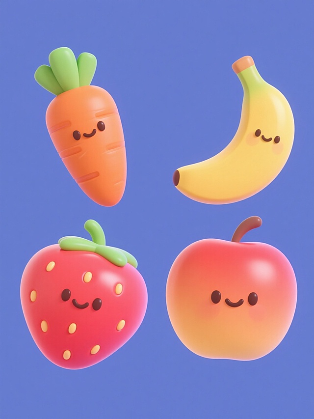 一套四个不同的卡通风格3D食物图标，包括胡萝卜、草莓、香蕉和苹果，每个都有光滑圆润的表面、柔和的渐变色彩、简洁的线条和Q版造型，统一采用纯色背景，整体色彩明快鲜艳，元素类目保持一致，规整地排列成系列素材集合。