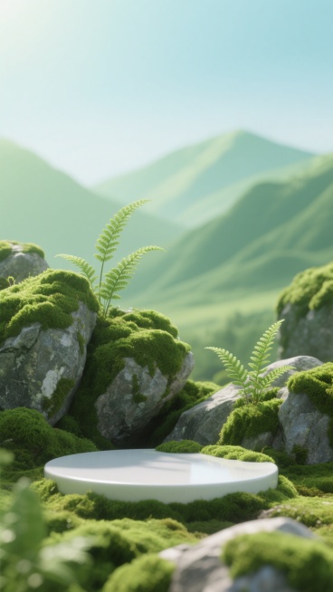 3D渲染风格的绿色自然场景，画面以清新明亮的绿色调为主，阳光柔和地洒在覆盖着茂密翠绿苔藓的岩石上，几株嫩绿的蕨类植物从石缝中生长出来，前景中一个光滑的白色圆形平台边缘也点缀着苔藓，背景是渐变的浅绿色远山和淡蓝色天空，整体营造出宁静、生机盎然的氛围，构图采用近实远虚的景深效果，突出前景的苔藓质感和岩石细节，光影柔和自然，展现出细腻的3D材质表现和和谐的色彩过渡。预览效果