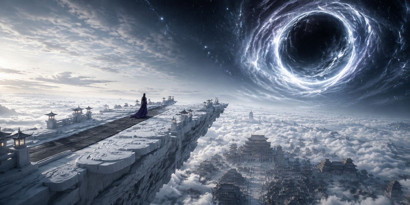高空斜向纵深广角构图，前景巨大断裂浮空白玉浮雕石台，桥面是老旧… - 图片创意预览