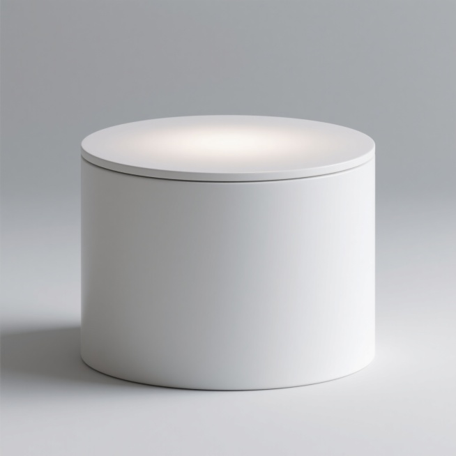 3D渲染的白色圆形展示台面，光滑细腻的哑光陶瓷质感，顶部平整边缘圆润，柔和的顶部中央光源照射形成自然渐变光影，底部轻微阴影增强立体感，纯白色背景简洁干净，整体呈现极简现代设计风格，无任何装饰元素，突出台面本身的形态与材质美感。预览效果