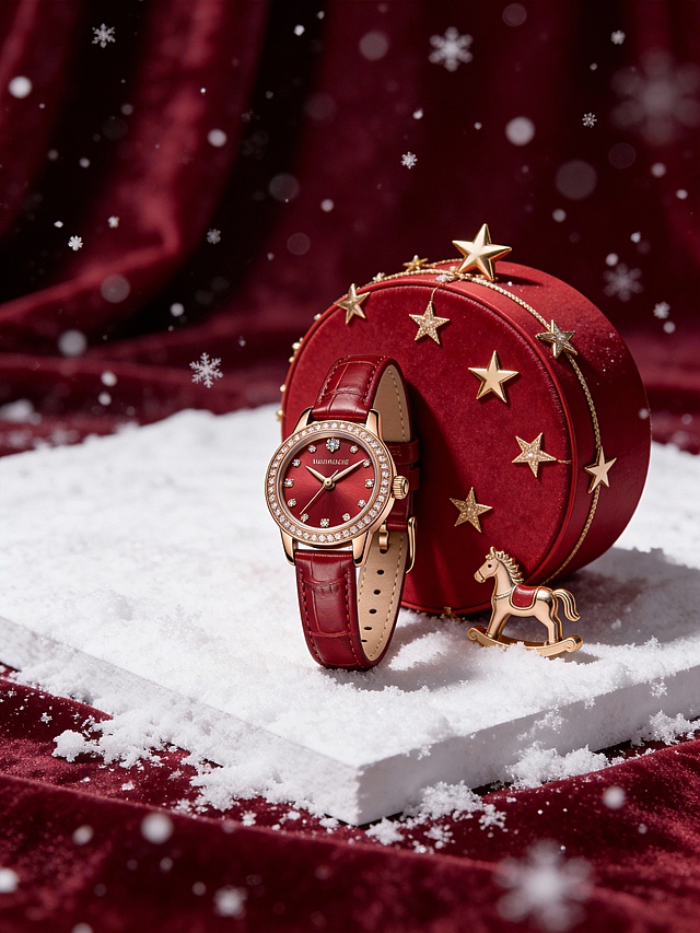 ### 提示词生成
轻奢喜庆风节日主题腕表静物3D渲染风格，画面以酒红与正红为主色调，搭配玫瑰金、白色雪地与金色星星装饰作为视觉点缀，整体色调高级且富有节日氛围感。采用平视略俯视的视角，主体置于画面中央，呈自然直立角度，大小适中，倚靠在红色圆形礼盒旁。背景为酒红色丝绒质感，点缀雪花光斑，台面铺白色雪地，礼盒饰金色星星与小马装饰，营造出红运限定的喜庆空间感。采用柔和的全局光结合局部轮廓光，增强金属的光泽感与表盘的通透质感，营造出明暗层次丰富的轻奢氛围，主体与喜庆高级的场景融为一体，充满节日的红运氛围与视觉张力。